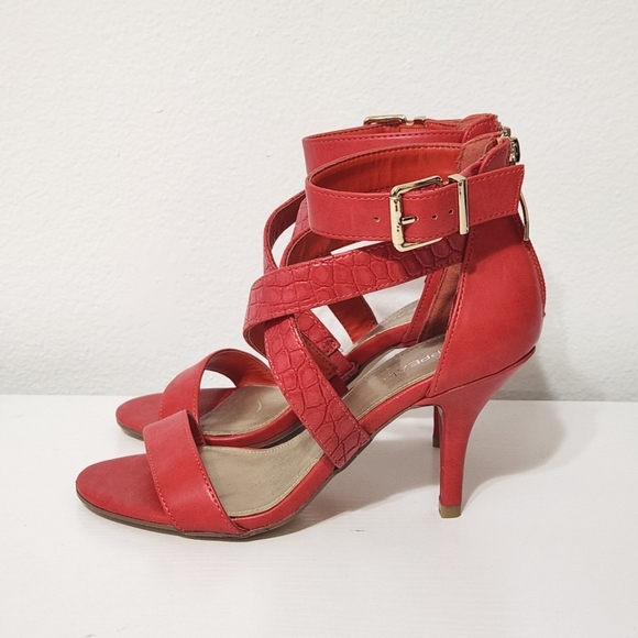Xappeal Shoes - Xappeal Red Orange Strappy Shoes, Zip Back Buckle Kitten Heel, 6.5